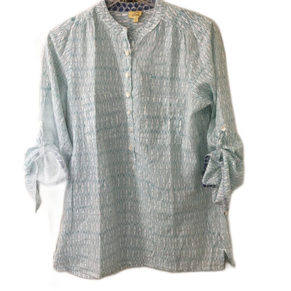 Roberta Roller Rabbit Green & White Printed Long Sleeve Lightweight Tunic Top- S